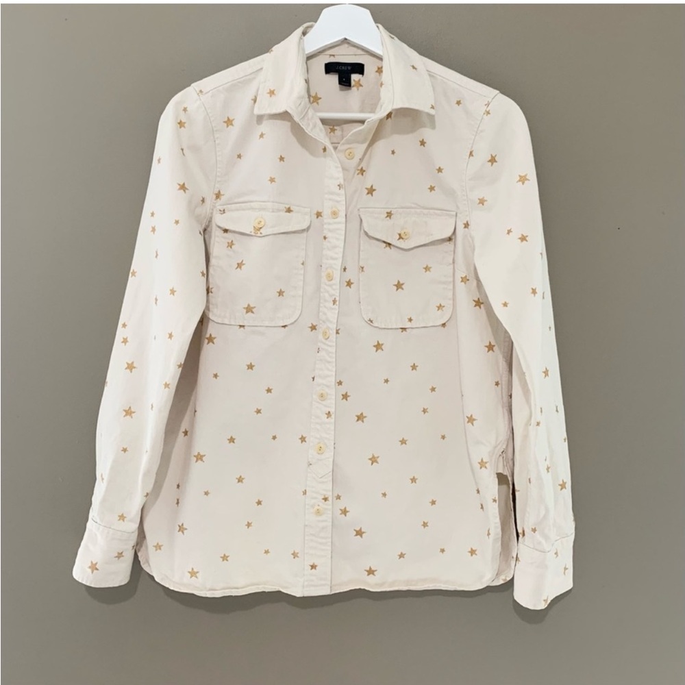 J Crew ecru denim button down shirt gold stars - Picture 2 of 7